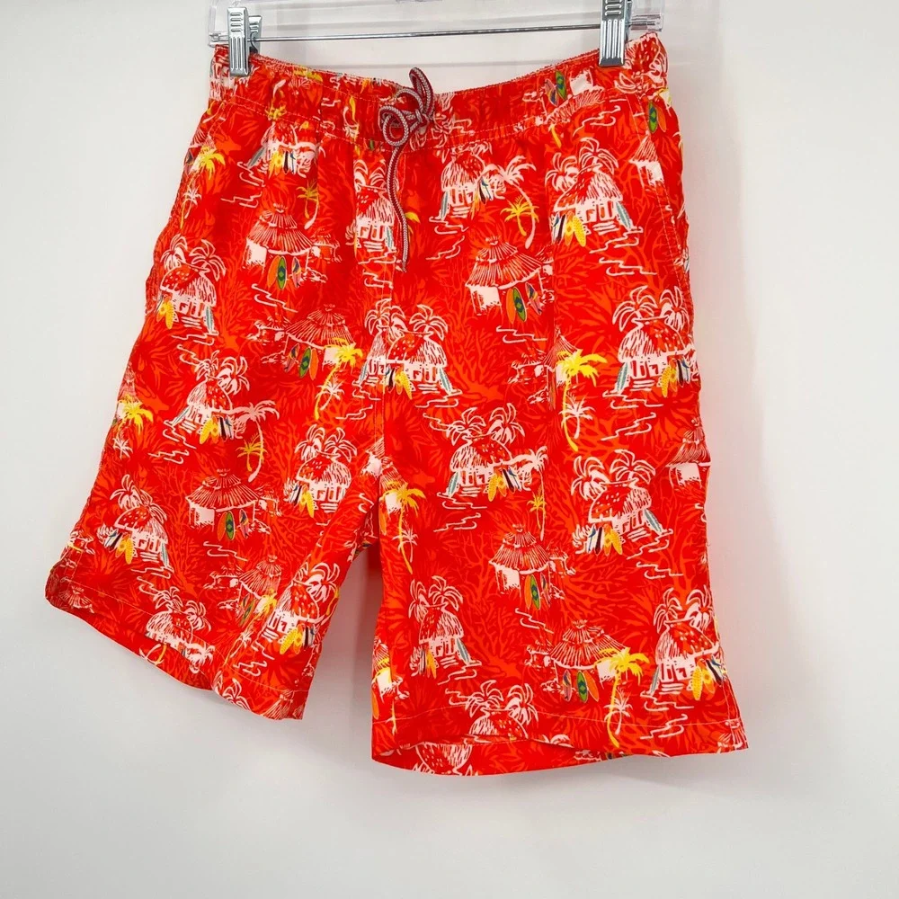 Peter Millar Mens Red Tropical Beach Hut Print Swim Trunks Size M Board Shorts‎
